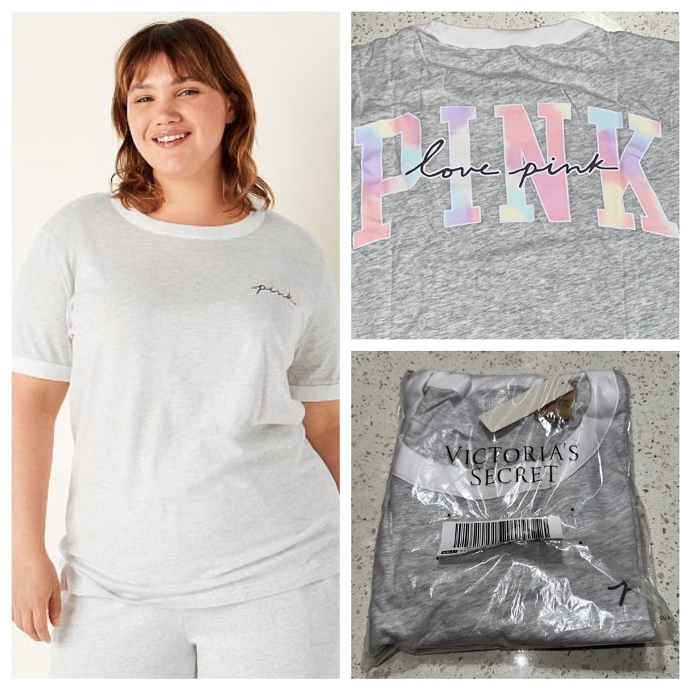 VS VICTORIAS SECRET PINK CAMPUS SHORT SLEEVE TEE TOP GREY WITH FREYA TIE DYE XL